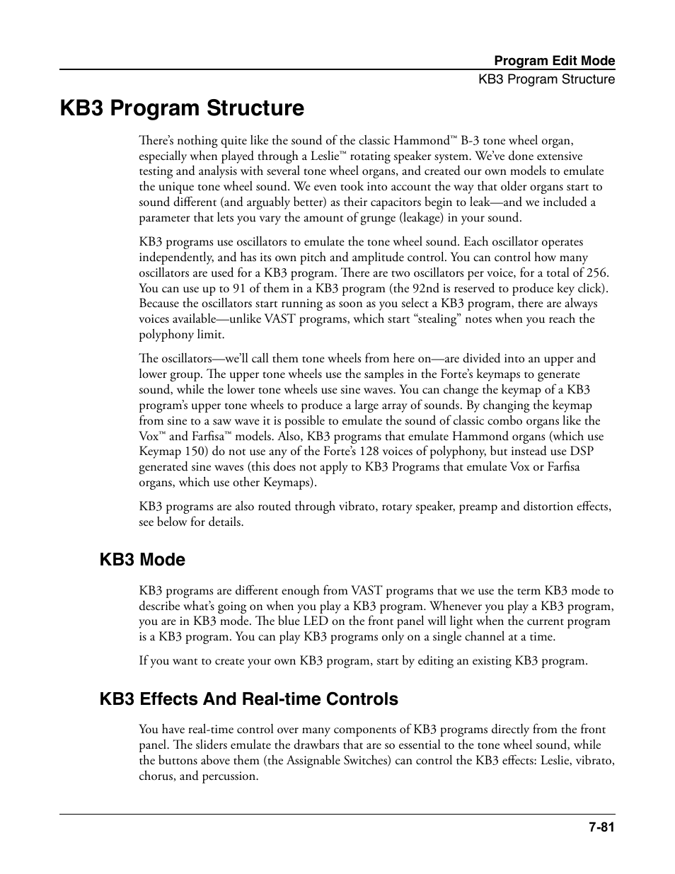 Kb3 program structure, Kb3 mode, Kb3 effects and real-time controls | Kb3 program structure -81, Kb3 mode -81, Kb3 effects and real-time controls -81 | Kurzweil Forte User Manual | Page 178 / 388