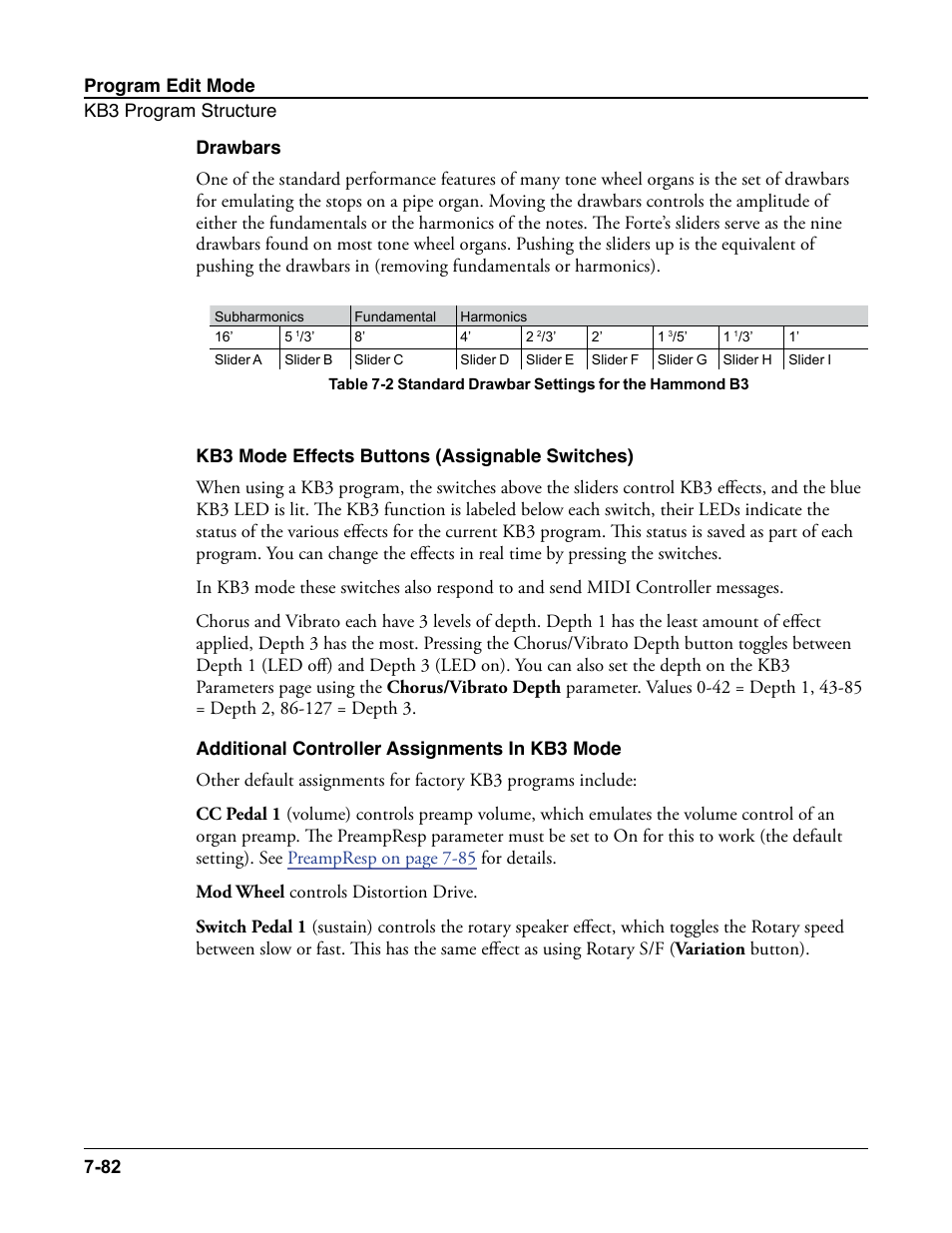 Drawbars, Kb3 mode effects buttons (assignable switches), Additional controller assignments in kb3 mode | Kurzweil Forte User Manual | Page 179 / 388