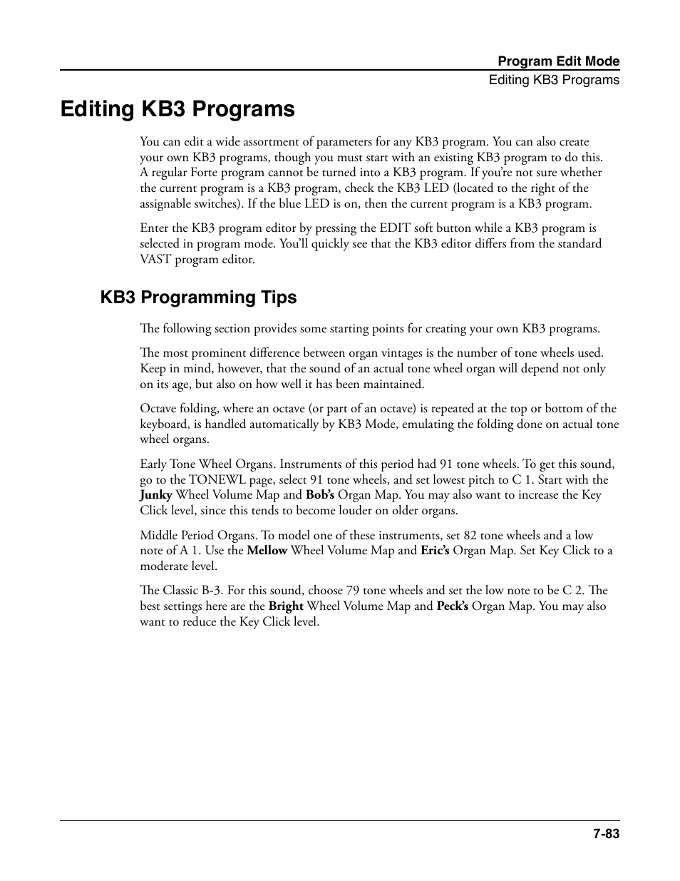 Editing kb3 programs, Kb3 programming tips, Editing kb3 programs -83 | Kb3 programming tips -83 | Kurzweil Forte User Manual | Page 180 / 388
