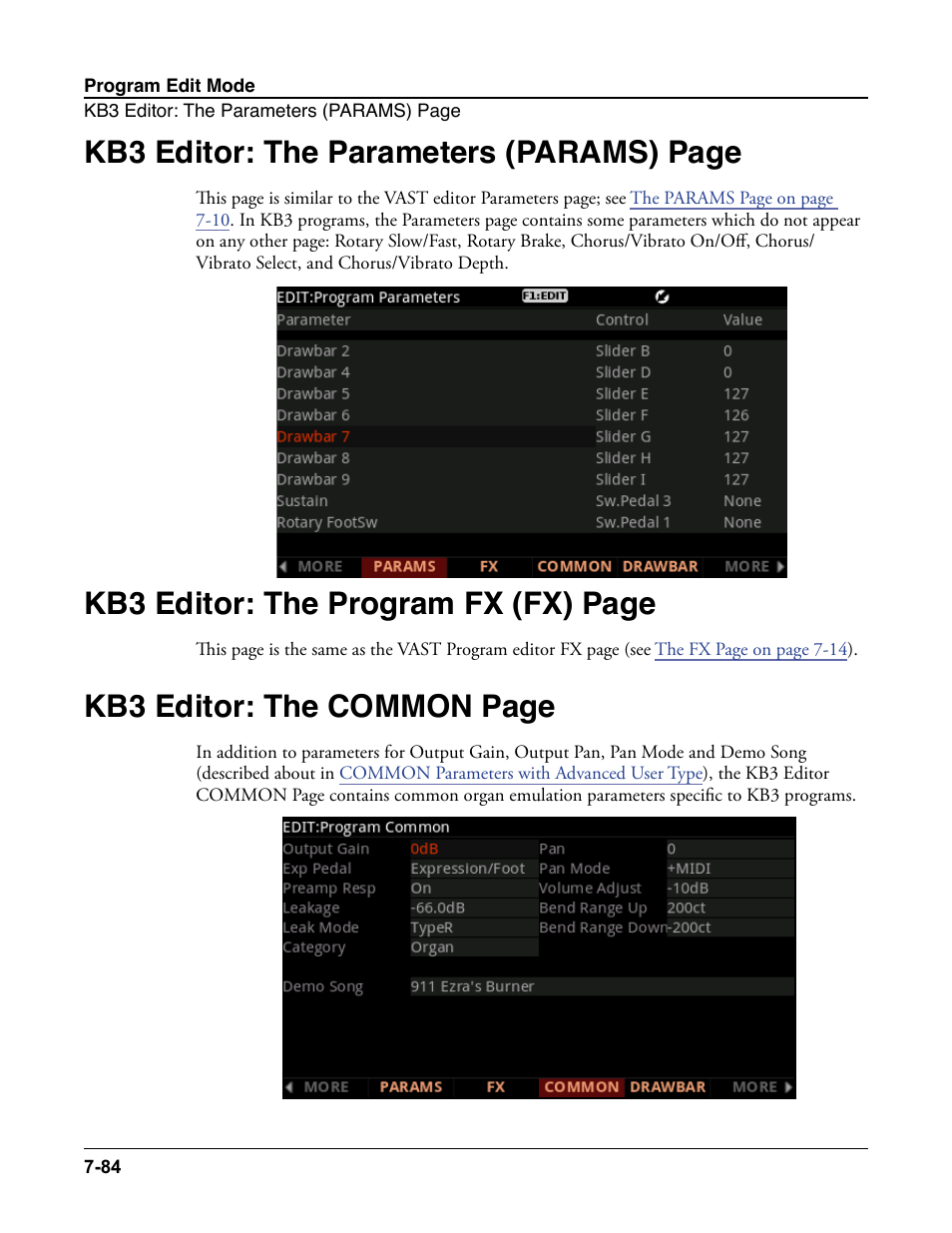 Kb3 editor: the parameters (params) page, Kb3 editor: the program fx (fx) page, Kb3 editor: the common page | Kurzweil Forte User Manual | Page 181 / 388