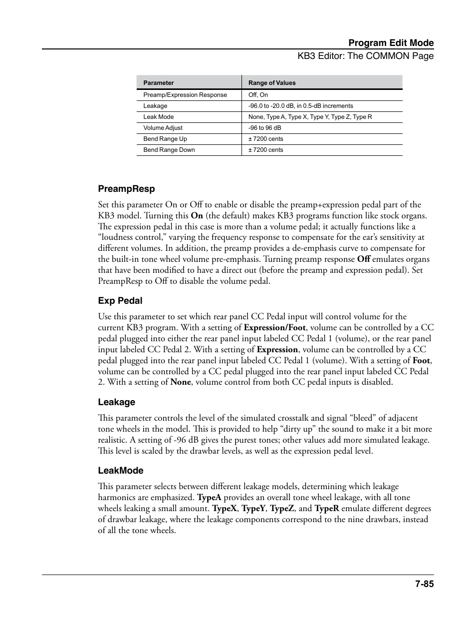 Preampresp, Exp pedal, Leakage | Leakmode | Kurzweil Forte User Manual | Page 182 / 388