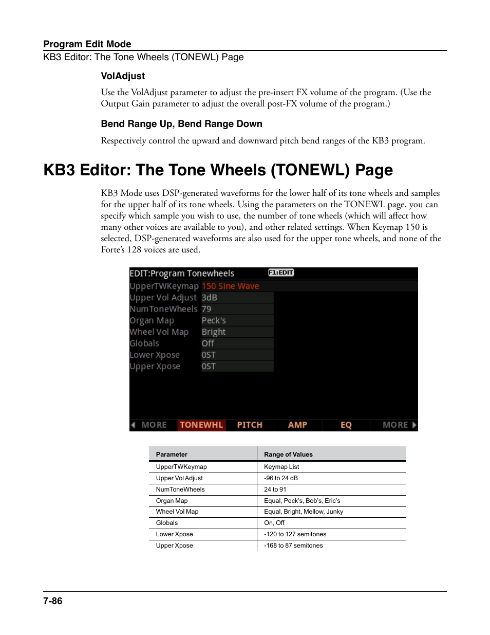 Voladjust, Bend range up, bend range down, Voladjust -86 bend range up, bend range down -86 | Kb3 editor: the tone wheels (tonewl) page | Kurzweil Forte User Manual | Page 183 / 388