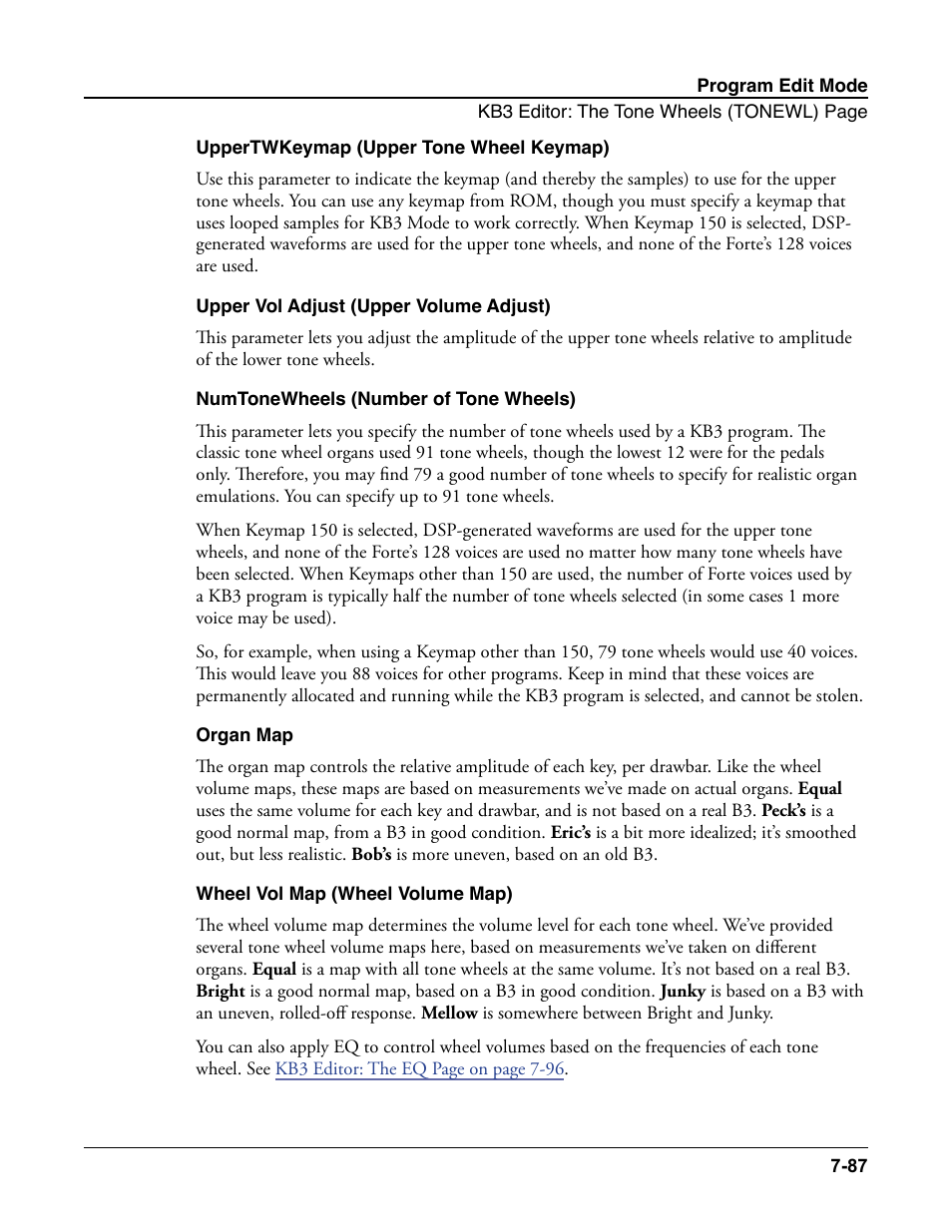 Uppertwkeymap (upper tone wheel keymap), Upper vol adjust (upper volume adjust), Numtonewheels (number of tone wheels) | Organ map, Wheel vol map (wheel volume map) | Kurzweil Forte User Manual | Page 184 / 388