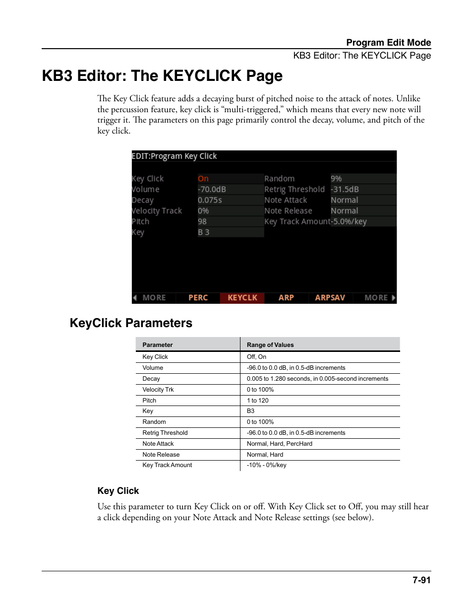Keyclick parameters, Key click, Keyclick parameters -91 | Key click -91, Kb3 editor: the keyclick page | Kurzweil Forte User Manual | Page 188 / 388