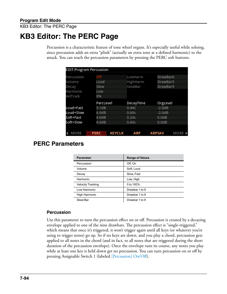 Perc parameters, Percussion, Perc parameters -94 | Percussion -94, Kb3 editor: the perc page | Kurzweil Forte User Manual | Page 191 / 388