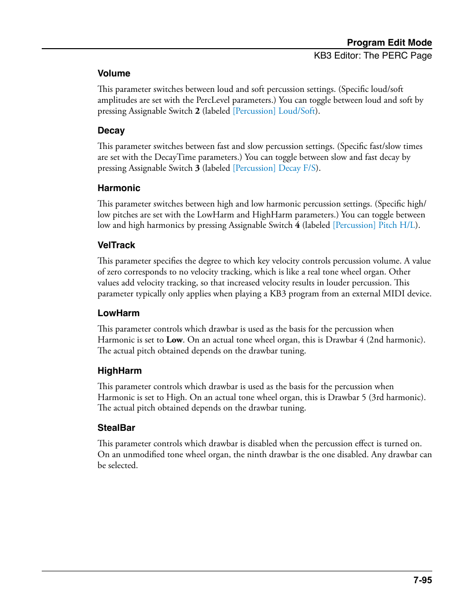 Volume, Decay, Harmonic | Veltrack, Lowharm, Highharm, Stealbar | Kurzweil Forte User Manual | Page 192 / 388