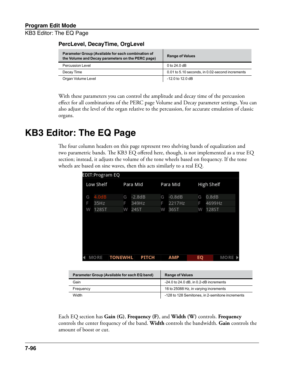 Perclevel, decaytime, orglevel, Perclevel, decaytime, orglevel -96, Kb3 editor: the eq page | Kurzweil Forte User Manual | Page 193 / 388