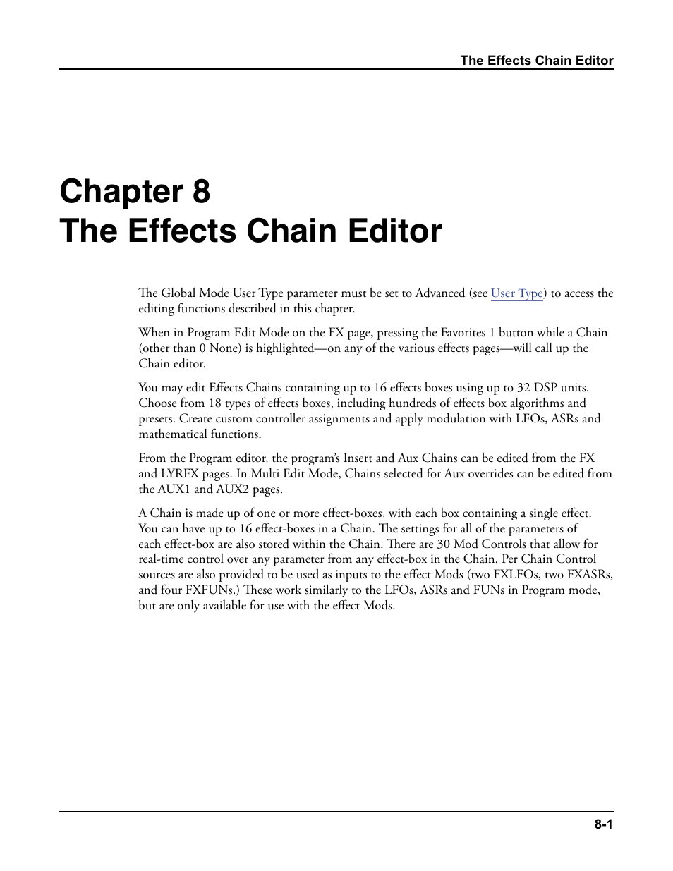 The effects chain editor, The effects chain editor -1, Ch. 8 the effects chain editor | For details, Chapter 8 the effects chain editor | Kurzweil Forte User Manual | Page 195 / 388