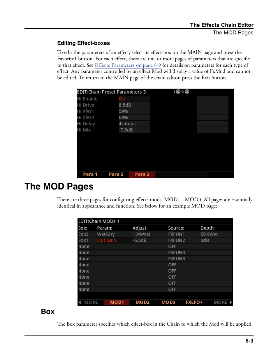 Editing effect-boxes, Editing effect-boxes -3, Box -3 | The mod pages | Kurzweil Forte User Manual | Page 197 / 388