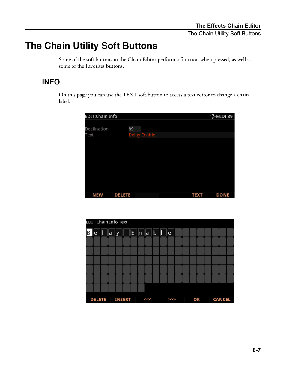 The chain utility soft buttons, Info, The chain utility soft buttons -7 | Info -7 | Kurzweil Forte User Manual | Page 201 / 388