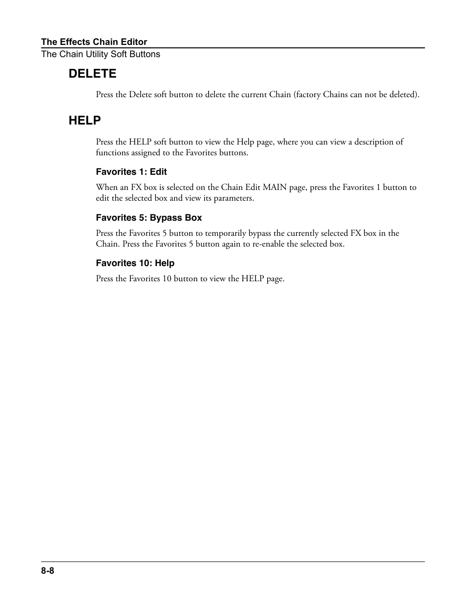 Delete, Help, Favorites 1: edit | Favorites 5: bypass box, Favorites 10: help, Delete -8 help -8 | Kurzweil Forte User Manual | Page 202 / 388