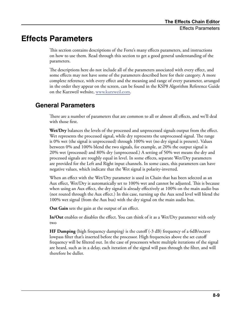Effects parameters, General parameters, Effects parameters -9 | General parameters -9 | Kurzweil Forte User Manual | Page 203 / 388