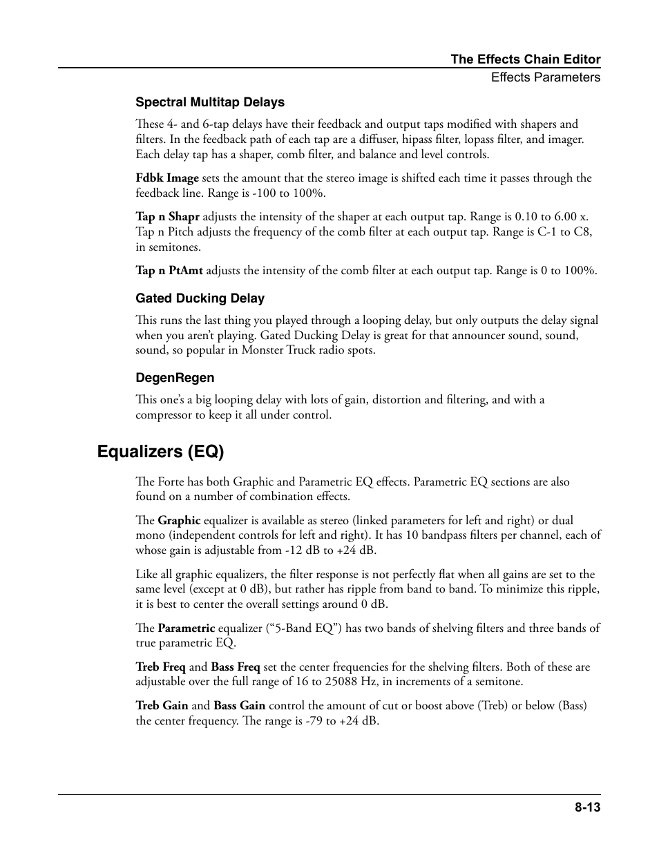 Spectral multitap delays, Gated ducking delay, Degenregen | Equalizers (eq), Equalizers (eq) -13 | Kurzweil Forte User Manual | Page 207 / 388