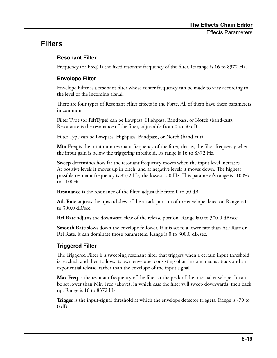 Filters, Resonant filter, Envelope filter | Triggered filter, Filters -19 | Kurzweil Forte User Manual | Page 213 / 388