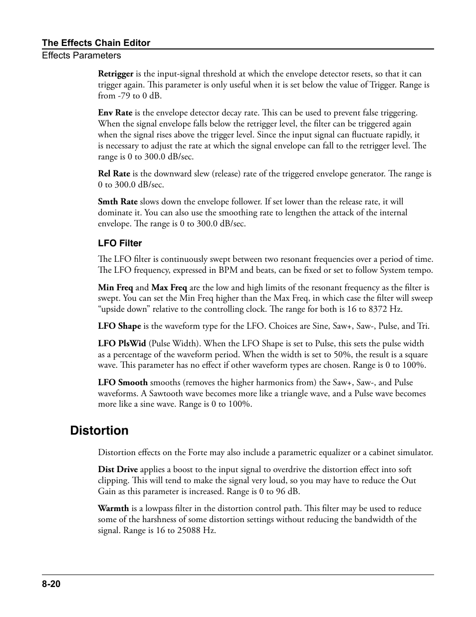 Lfo filter, Distortion, Lfo filter -20 | Distortion -20 | Kurzweil Forte User Manual | Page 214 / 388