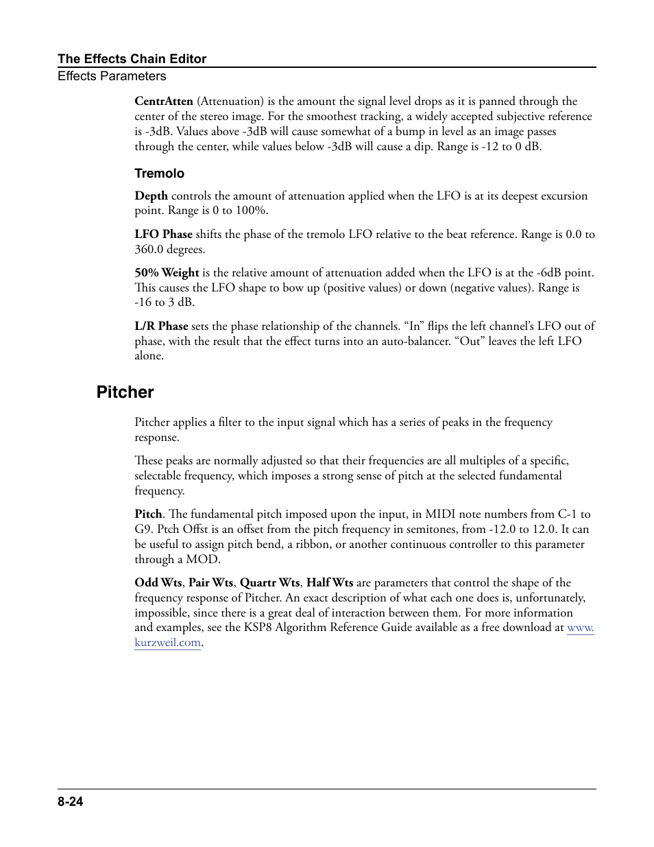 Tremolo, Pitcher, Tremolo -24 | Pitcher -24 | Kurzweil Forte User Manual | Page 218 / 388