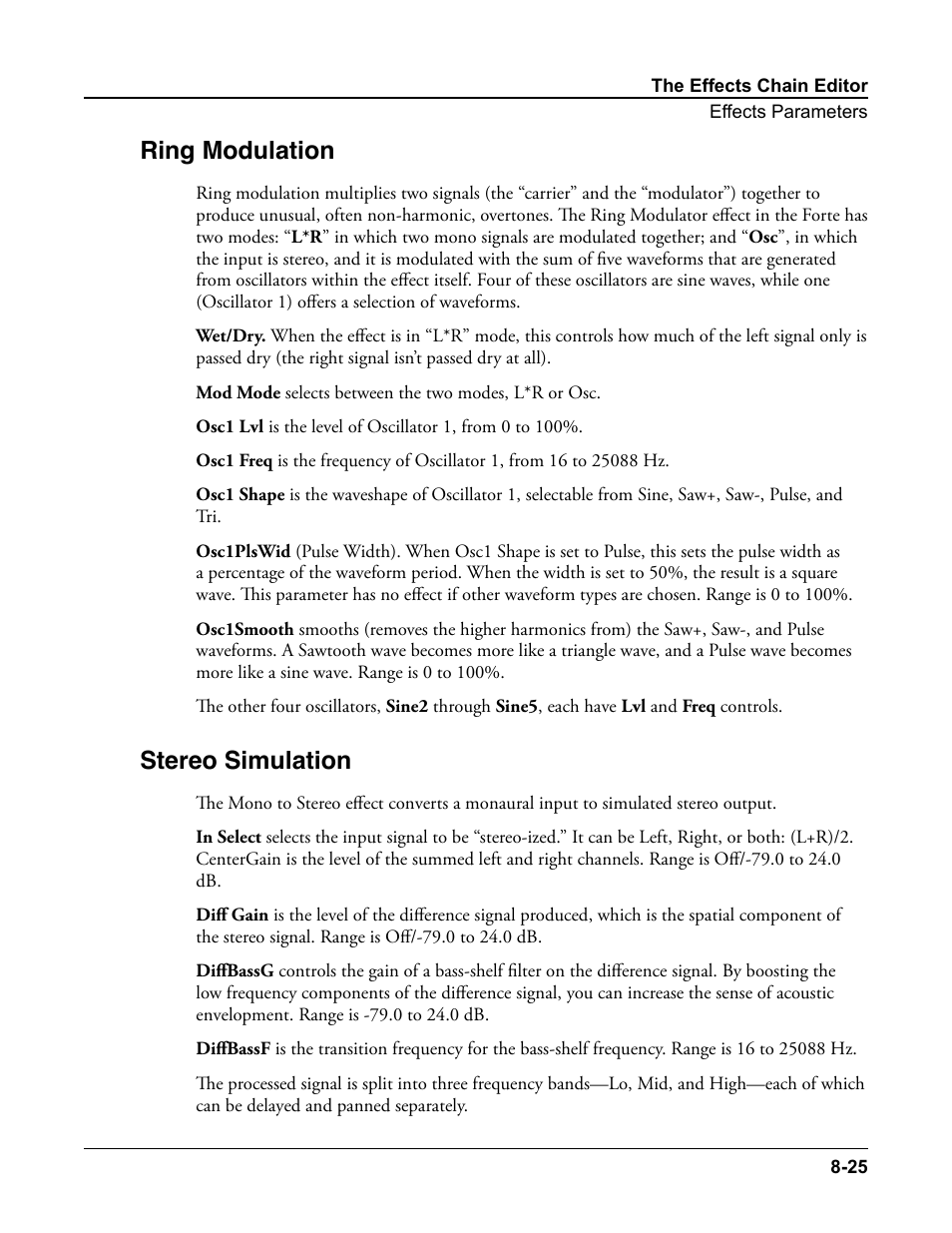 Ring modulation, Stereo simulation, Ring modulation -25 stereo simulation -25 | Kurzweil Forte User Manual | Page 219 / 388