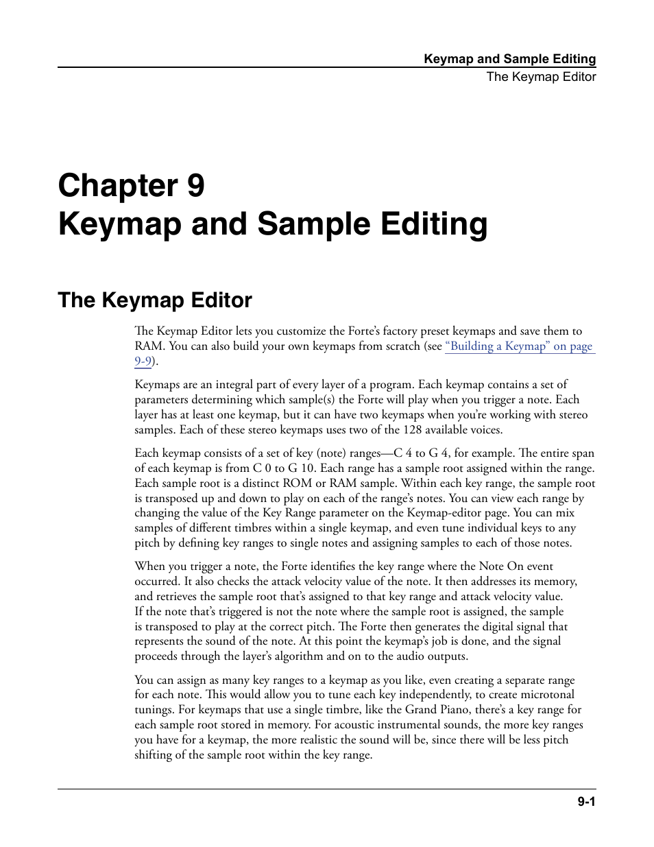Keymap and sample editing, The keymap editor, Keymap and sample editing -1 | The keymap editor -1, Chapter 9 keymap and sample editing | Kurzweil Forte User Manual | Page 221 / 388