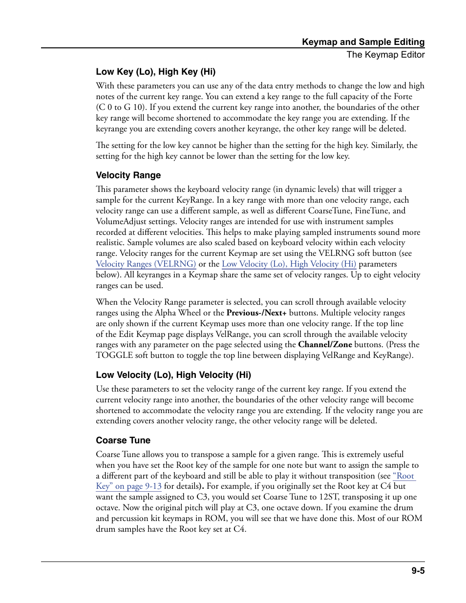 Low key (lo), high key (hi), Velocity range, Low velocity (lo), high velocity (hi) | Coarse tune | Kurzweil Forte User Manual | Page 225 / 388