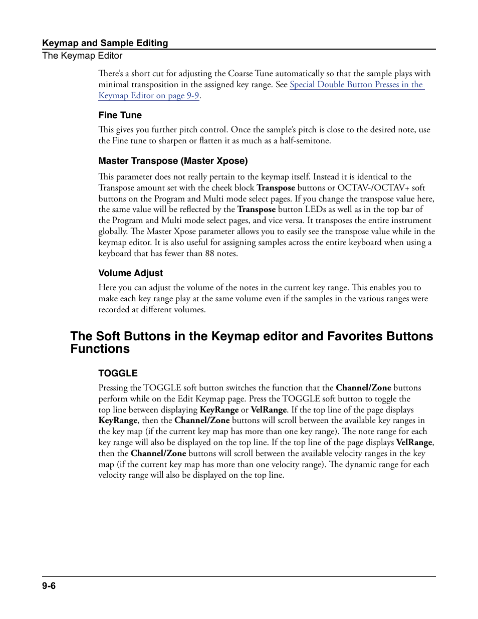 Fine tune, Master transpose (master xpose), Volume adjust | Toggle, Toggle -6, Parameters, see belo | Kurzweil Forte User Manual | Page 226 / 388