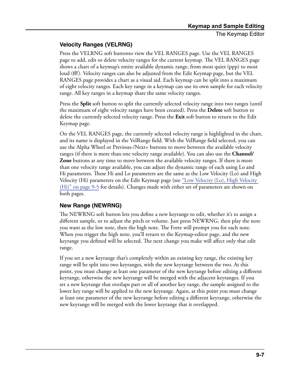 Velocity ranges (velrng), New range (newrng), Velocity ranges (velrng) -7 new range (newrng) -7 | Or the | Kurzweil Forte User Manual | Page 227 / 388