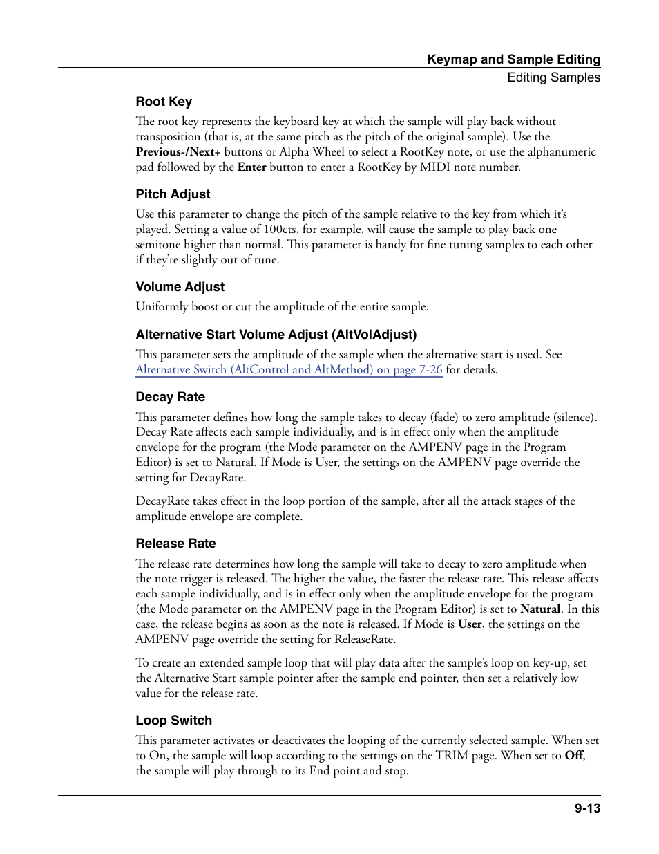 Root key, Pitch adjust, Volume adjust | Alternative start volume adjust (altvoladjust), Decay rate, Release rate, Loop switch, Root | Kurzweil Forte User Manual | Page 233 / 388