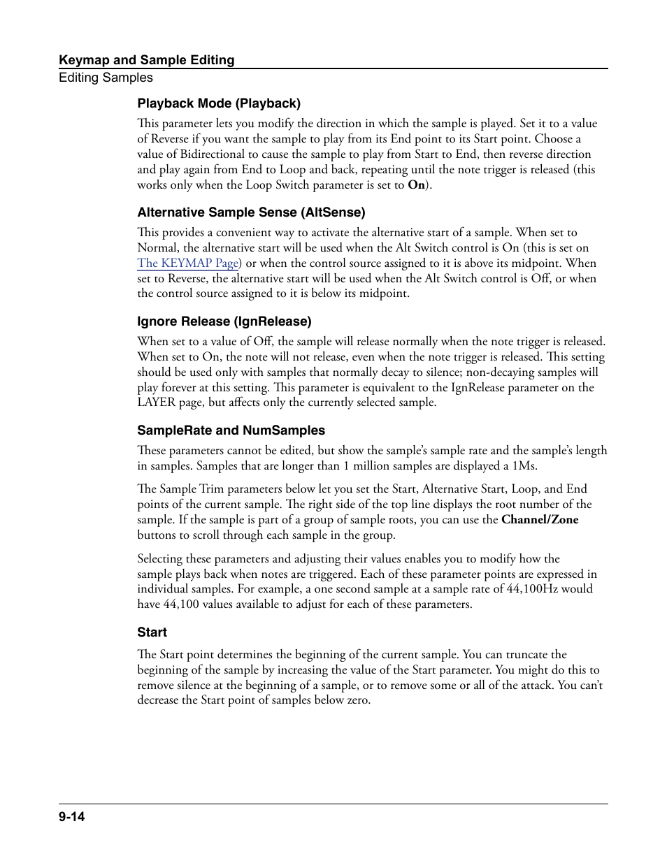 Playback mode (playback), Alternative sample sense (altsense), Ignore release (ignrelease) | Samplerate and numsamples, Start | Kurzweil Forte User Manual | Page 234 / 388