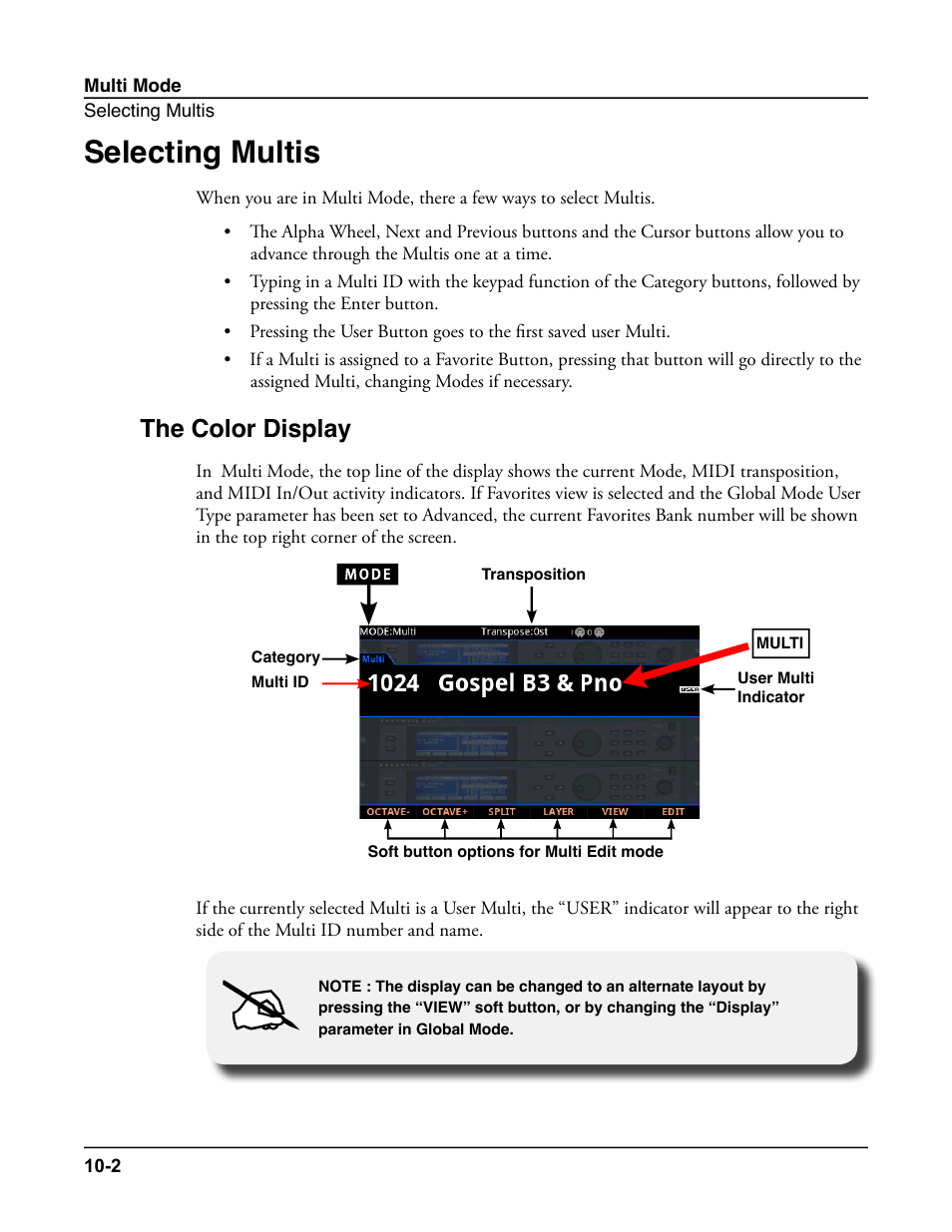 Selecting multis, The color display, Selecting multis -2 | The color display -2 | Kurzweil Forte User Manual | Page 237 / 388