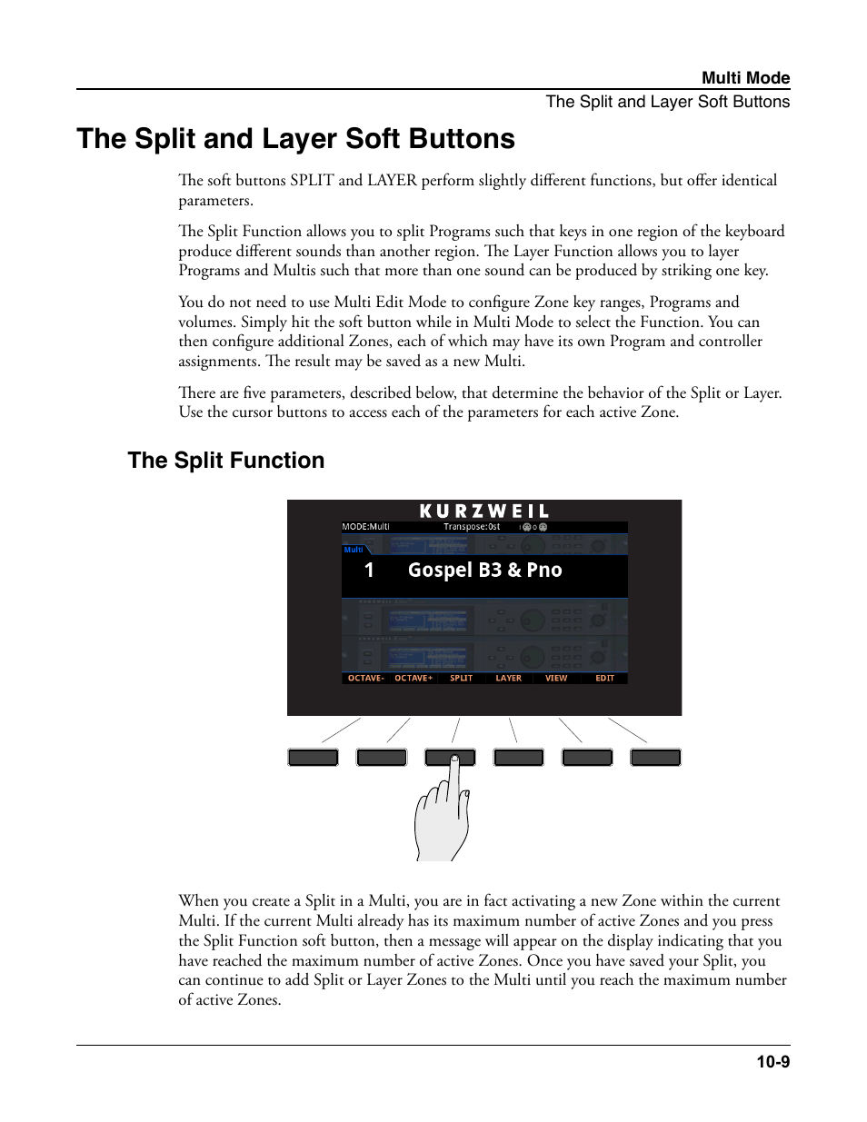 The split and layer soft buttons, The split function, The split and layer soft buttons -9 | The split function -9, Ode) and, The split function on, For s, In the | Kurzweil Forte User Manual | Page 244 / 388