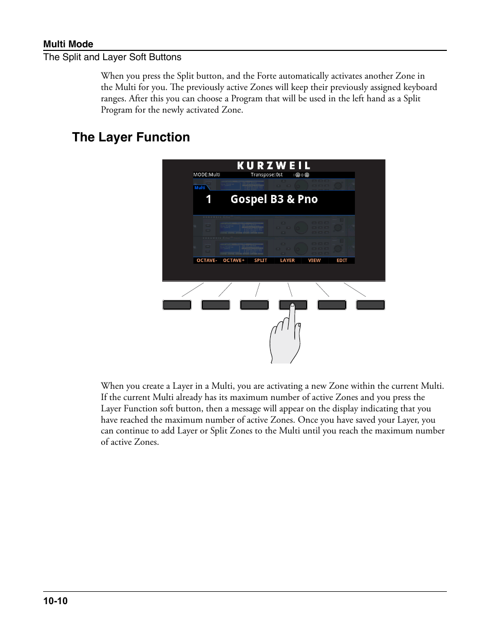 The layer function, The layer function -10, Ode) and | For lay | Kurzweil Forte User Manual | Page 245 / 388