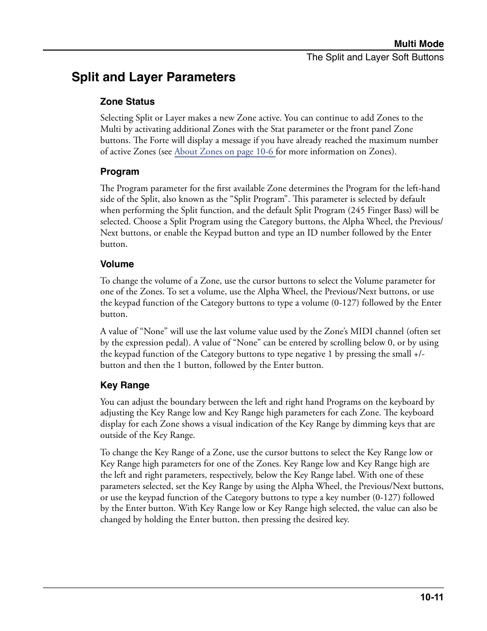 Split and layer parameters, Zone status, Program | Volume, Key range, Split and layer parameters -11 | Kurzweil Forte User Manual | Page 246 / 388