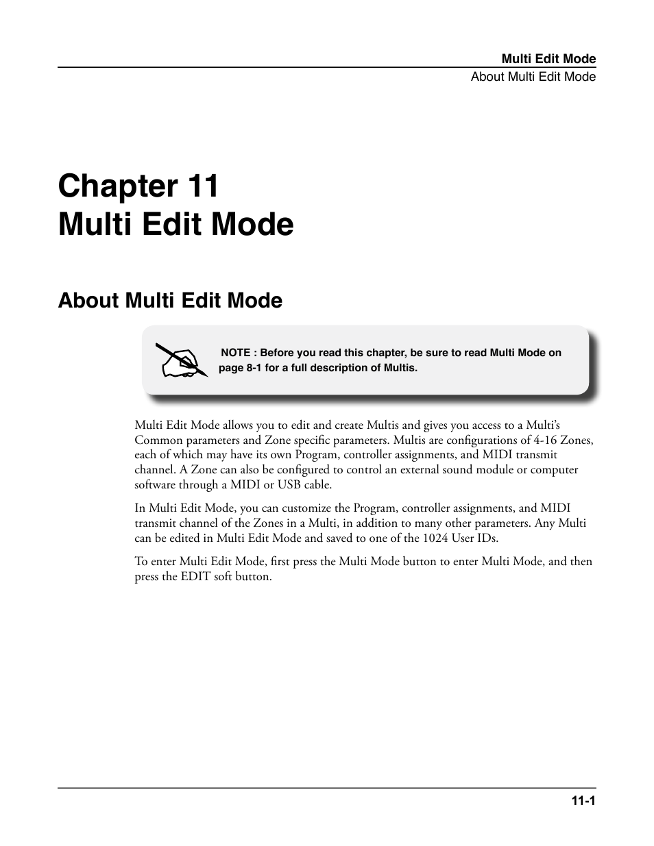 Multi edit mode, About multi edit mode, Multi edit mode -1 | About multi edit mode -1, Ch. 11 multi edit mode, For details.), Chapter 11 multi edit mode | Kurzweil Forte User Manual | Page 252 / 388