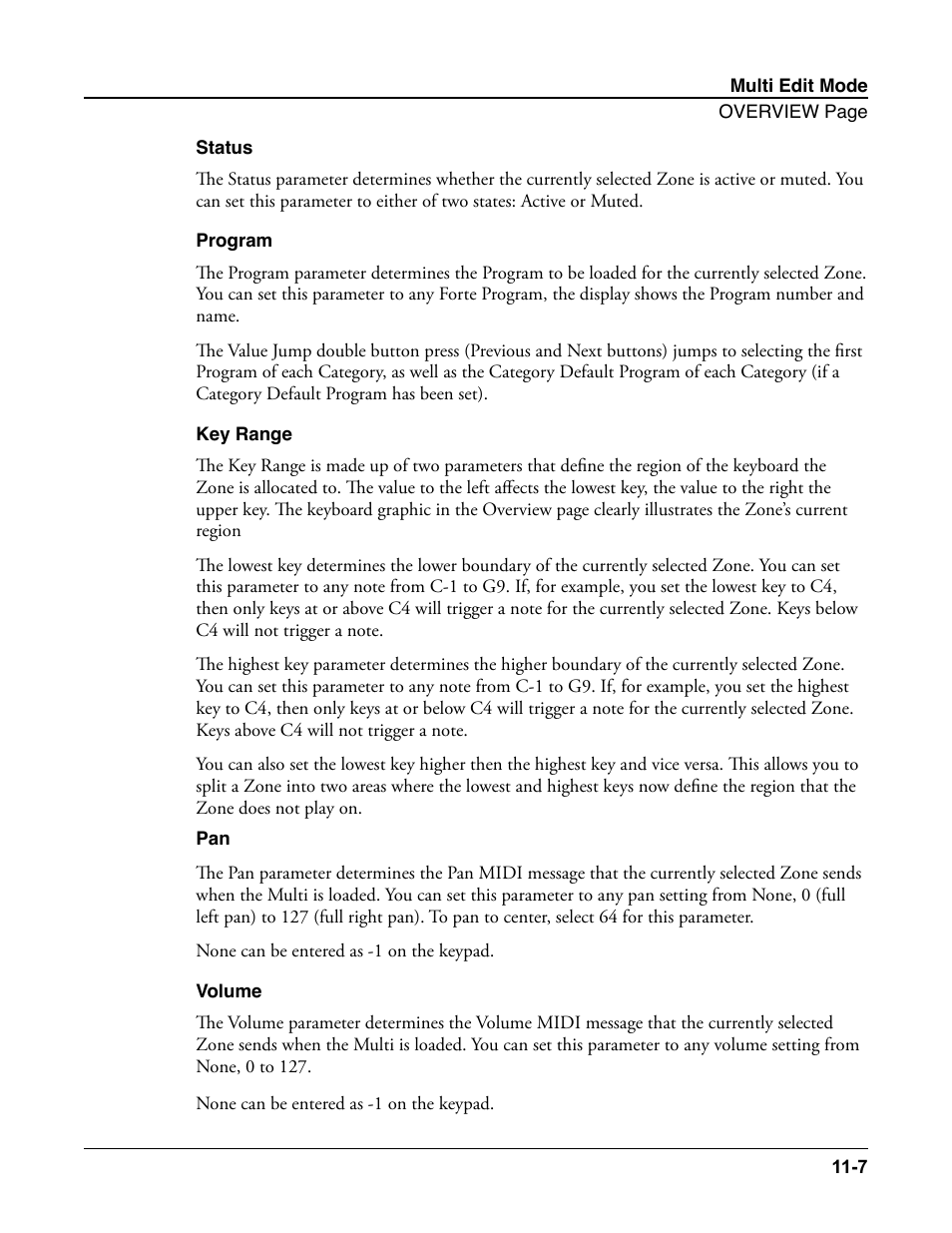 Status, Program, Key range | Volume, Status -7 program -7 key range -7 volume -7 | Kurzweil Forte User Manual | Page 258 / 388