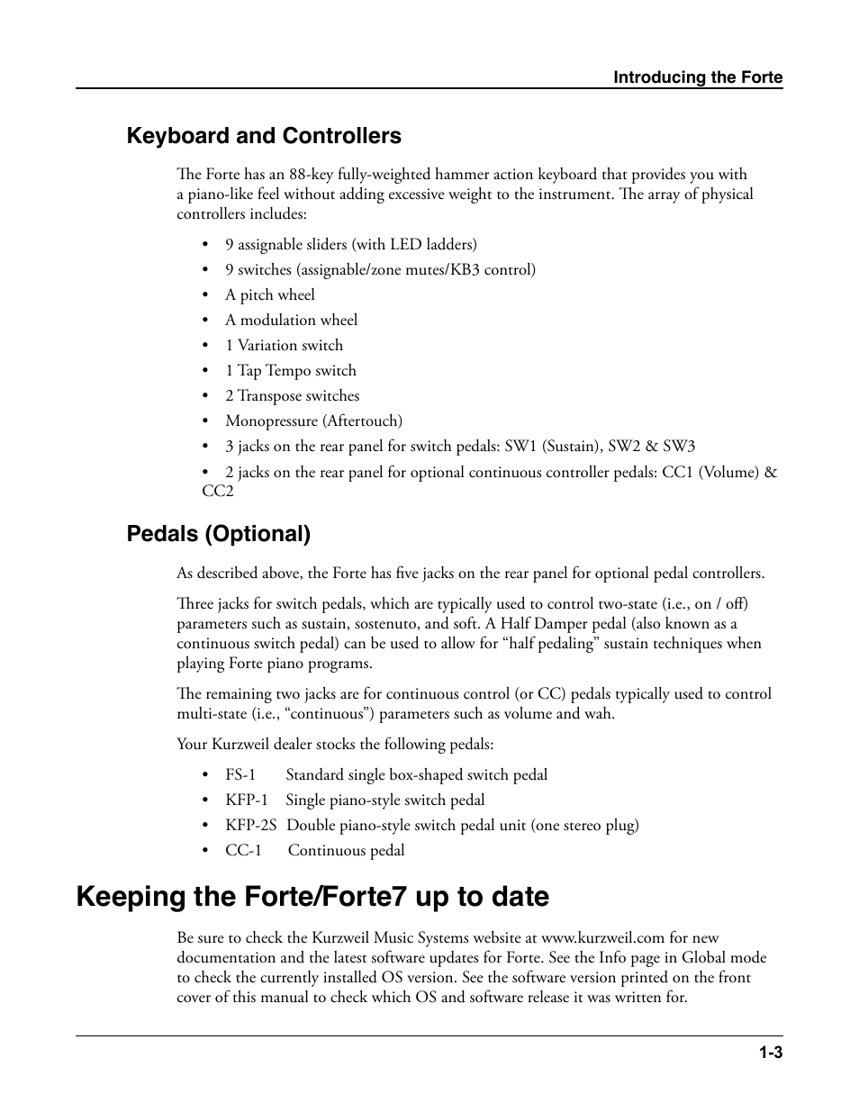 Keyboard and controllers, Pedals (optional), Keeping the forte/forte7 up to date | Keyboard and controllers -3 pedals (optional) -3, Keeping the forte/forte7 up to date -3 | Kurzweil Forte User Manual | Page 26 / 388