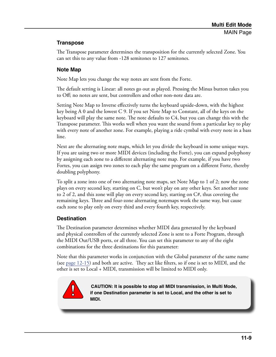 Transpose, Note map, Destination | Transpose -9 note map -9 destination -9 | Kurzweil Forte User Manual | Page 260 / 388