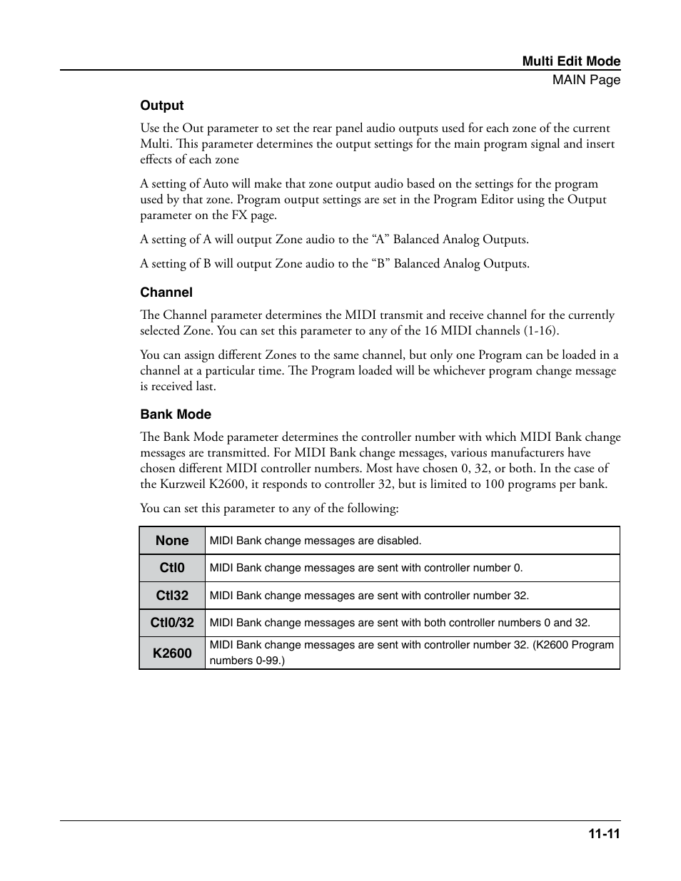 Output, Channel, Bank mode | Output -11 channel -11 bank mode -11 | Kurzweil Forte User Manual | Page 262 / 388