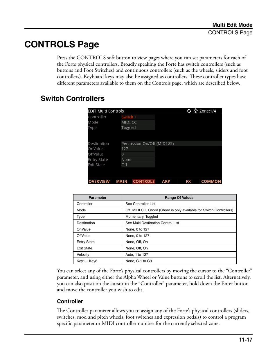 Switch controllers, Controller, Switch controllers -17 | Controller -17, Controls page | Kurzweil Forte User Manual | Page 268 / 388