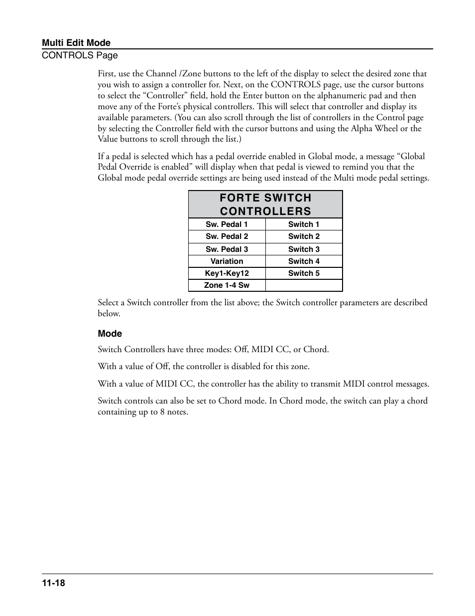 Mode, Mode -18, Forte switch controllers | Kurzweil Forte User Manual | Page 269 / 388