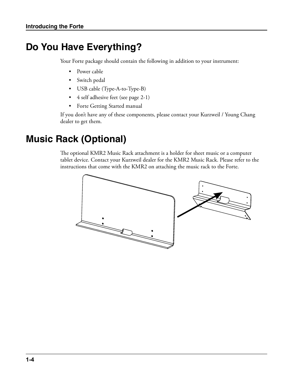 Do you have everything, Music rack (optional), Do you have everything? -4 | Music rack (optional) -4 | Kurzweil Forte User Manual | Page 27 / 388