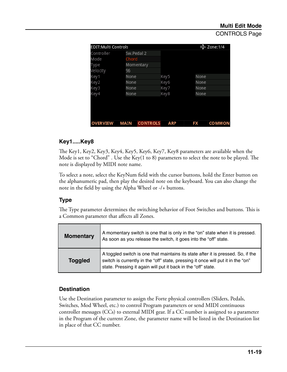Key1.....key8, Type, Destination | Key1.....key8 -19 type -19 destination -19 | Kurzweil Forte User Manual | Page 270 / 388