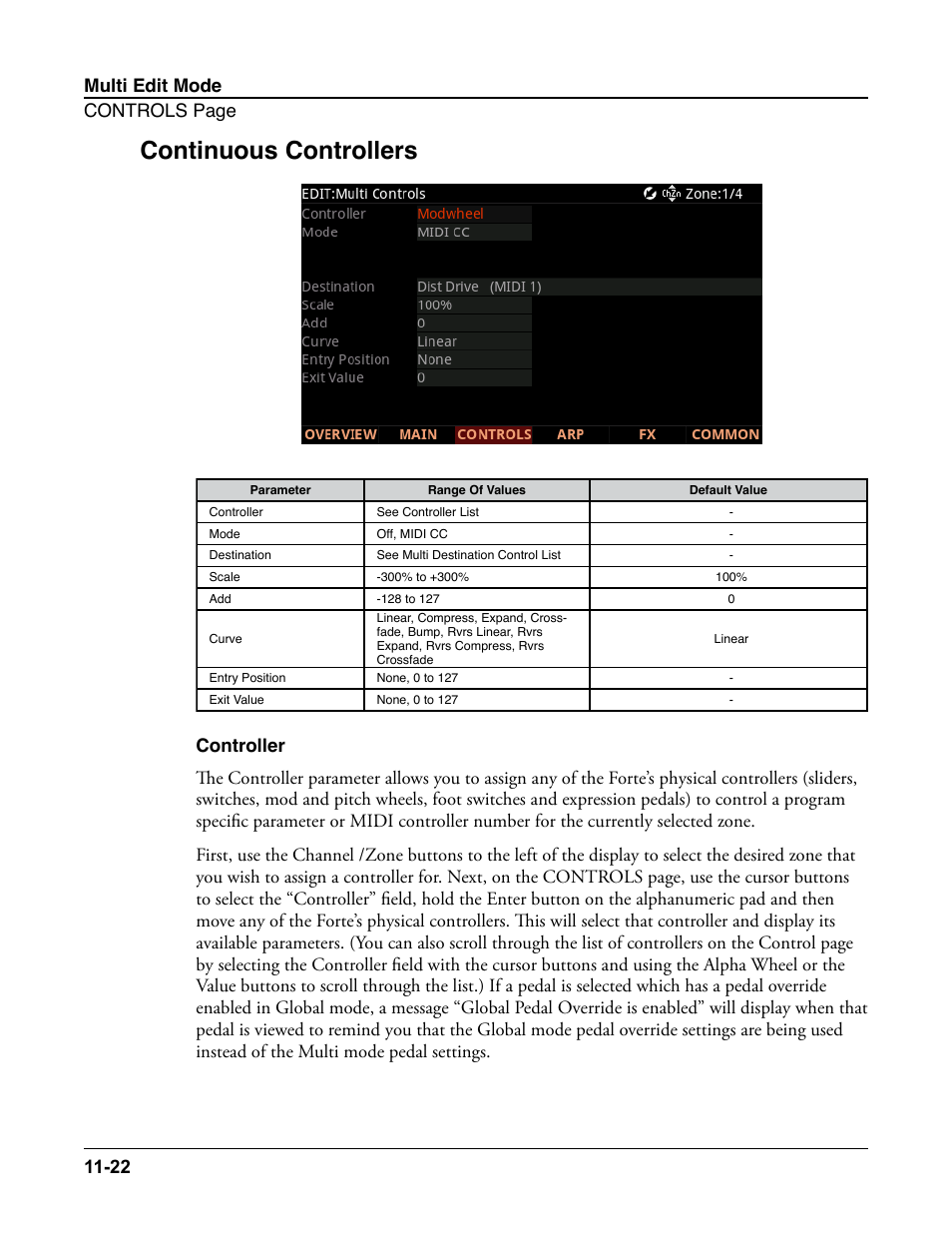 Continuous controllers, Controller, Continuous controllers -22 | Controller -22, Multi edit mode controls page 11-22 | Kurzweil Forte User Manual | Page 273 / 388