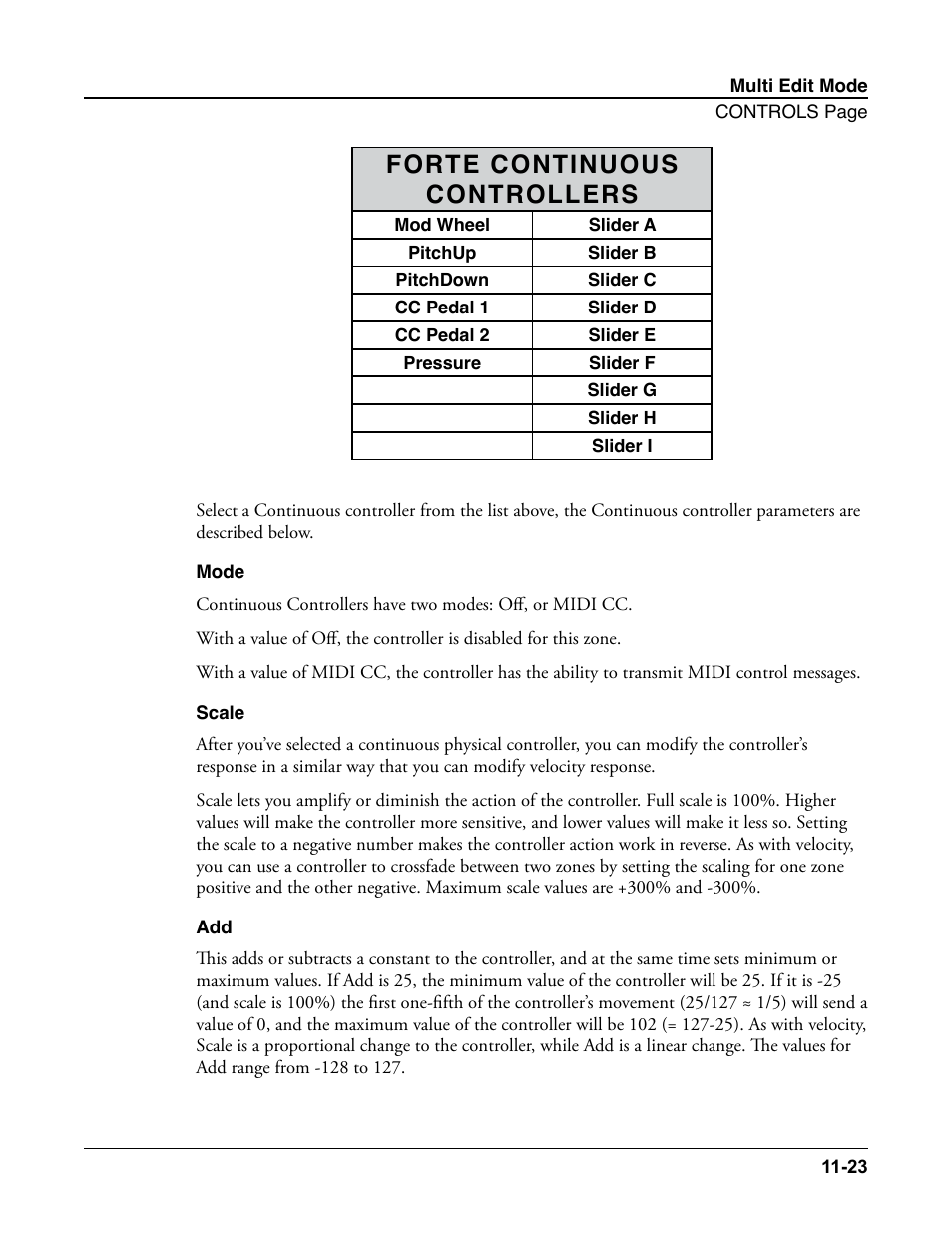 Mode, Scale, Mode -23 scale -23 add -23 | Forte continuous controllers | Kurzweil Forte User Manual | Page 274 / 388