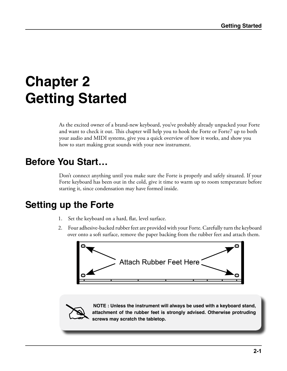 Getting started, Before you start, Setting up the forte | Getting started -1, Before you start… -1, Setting up the forte -1, Chapter 2 getting started | Kurzweil Forte User Manual | Page 28 / 388
