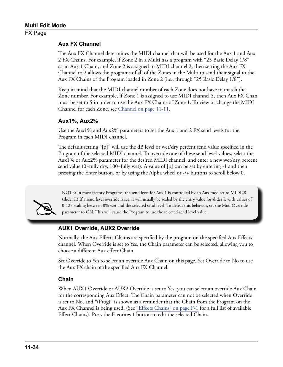Aux fx channel, Aux1%, aux2, Aux1 override, aux2 override | Chain, Chain -34 | Kurzweil Forte User Manual | Page 285 / 388