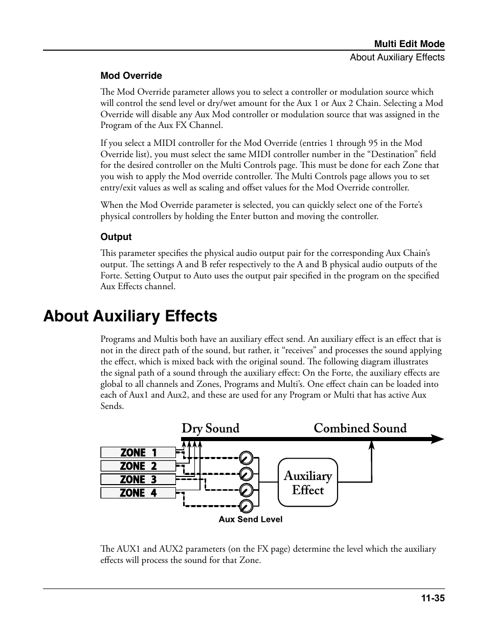 Mod override, Output, About auxiliary effects | Mod override -35 output -35, About auxiliary effects -35 | Kurzweil Forte User Manual | Page 286 / 388