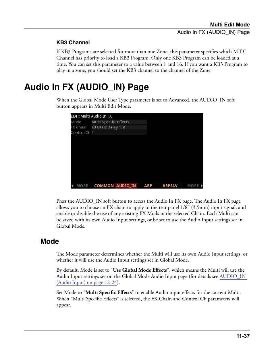 Kb3 channel, Mode, Kb3 channel -37 | Mode -37, Audio in fx (audio_in) page | Kurzweil Forte User Manual | Page 288 / 388