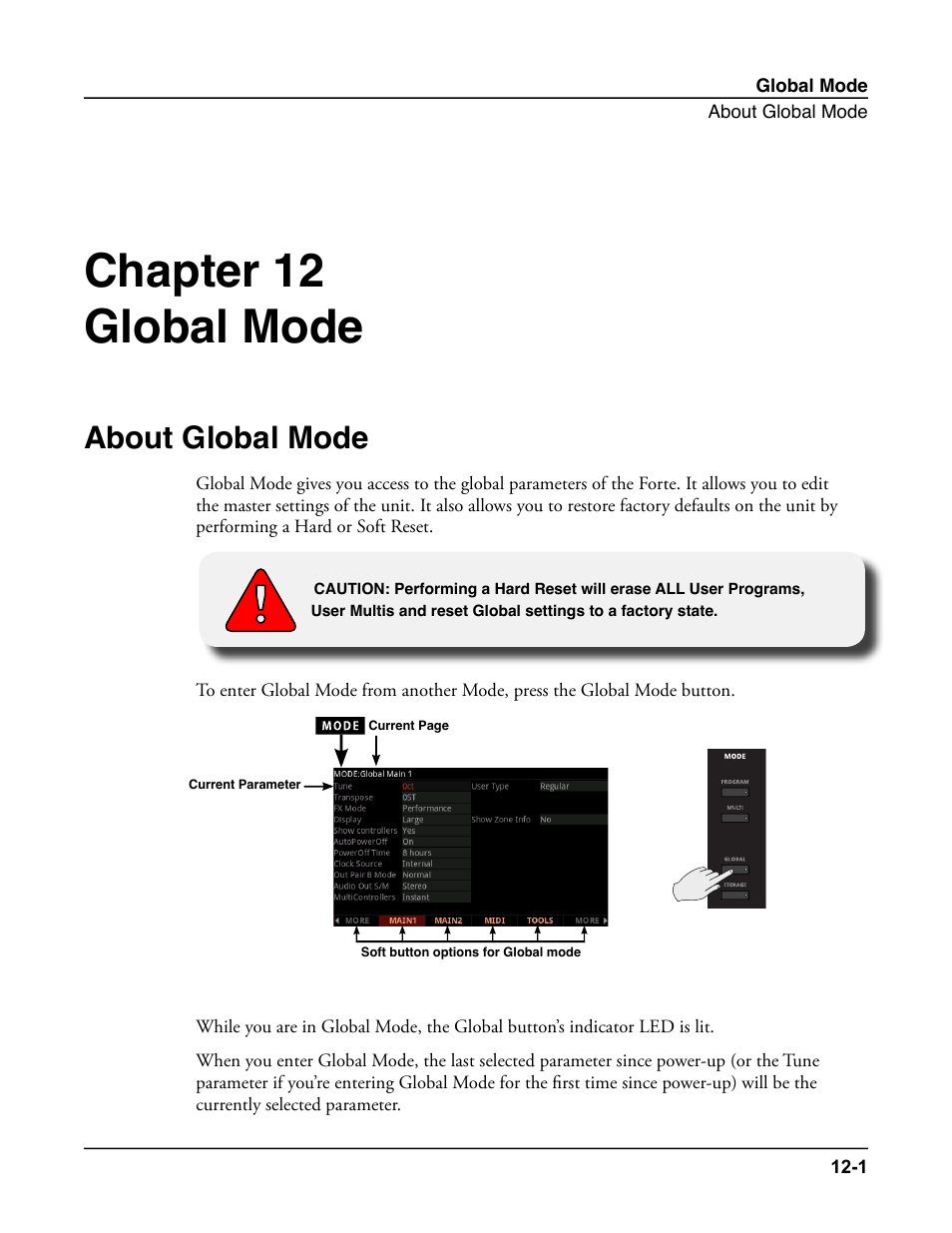 Global mode, About global mode, Global mode -1 | About global mode -1, Ther detail, in, Ch. 12 global mode, Chapter 12 global mode | Kurzweil Forte User Manual | Page 291 / 388