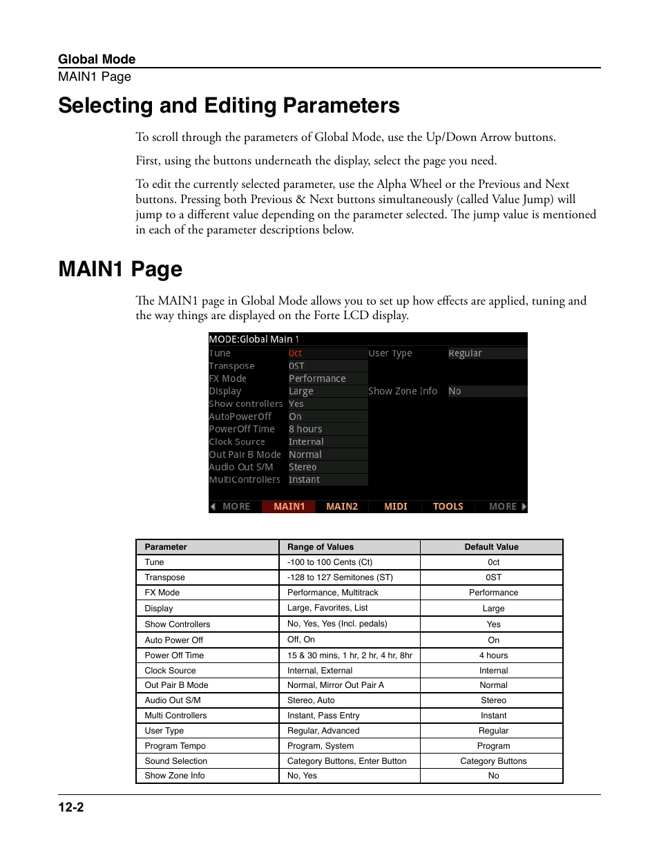 Selecting and editing parameters, Selecting and editing parameters -2, Main1 page | Global mode main1 page 12-2 | Kurzweil Forte User Manual | Page 292 / 388