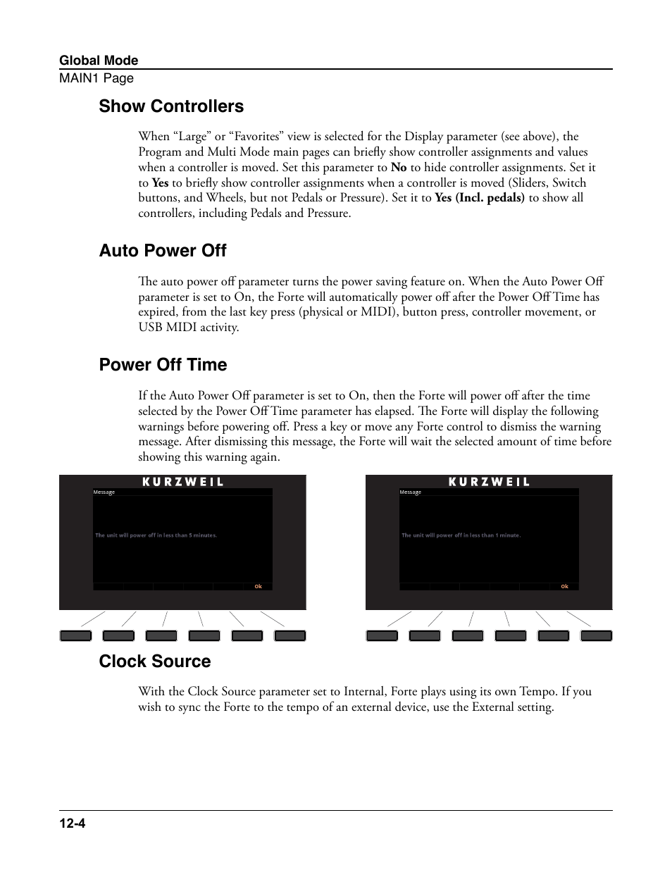 Show controllers, Auto power off, Power off time | Clock source, Is set to i | Kurzweil Forte User Manual | Page 294 / 388