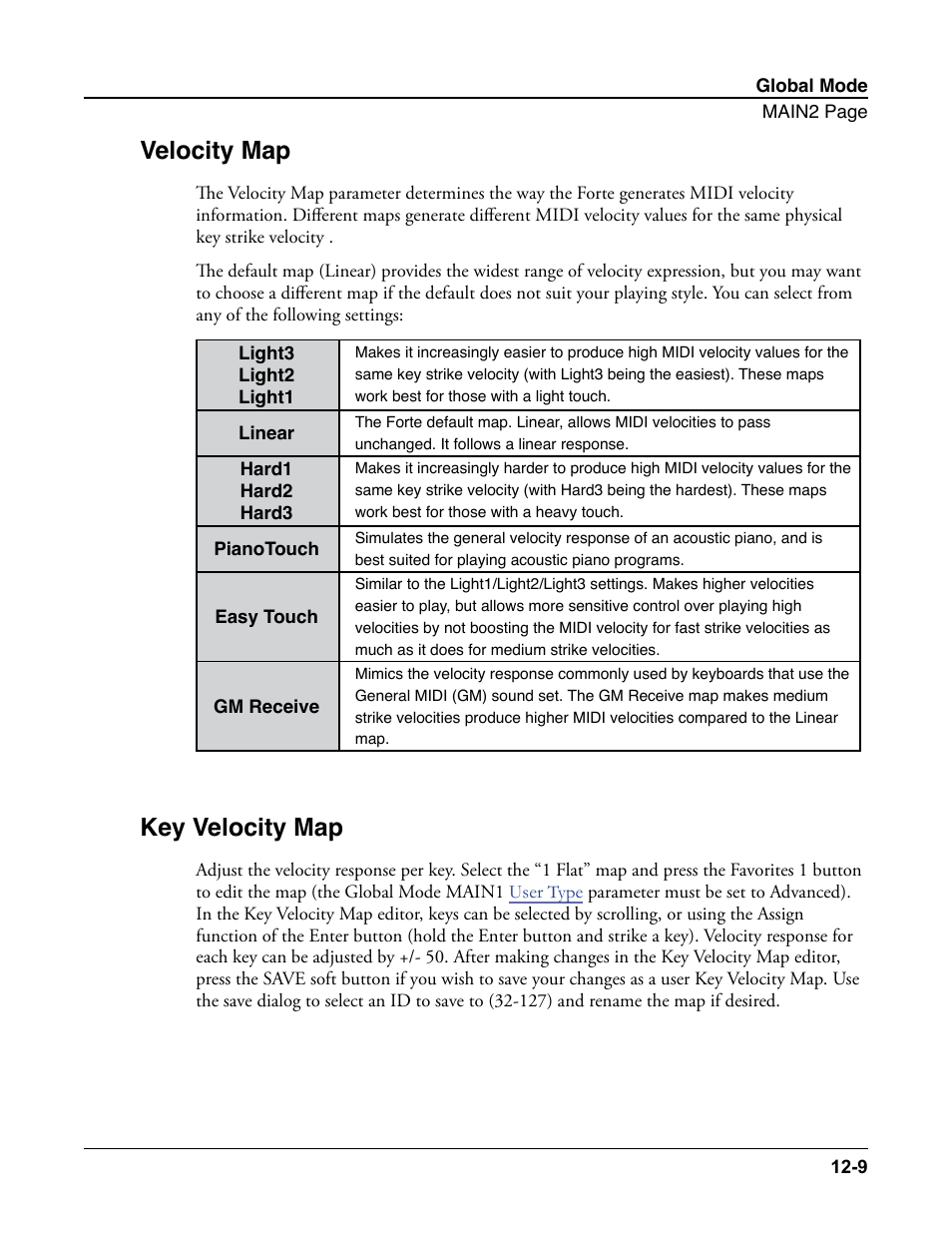Velocity map, Key velocity map, Velocity map -9 key velocity map -9 | Kurzweil Forte User Manual | Page 299 / 388